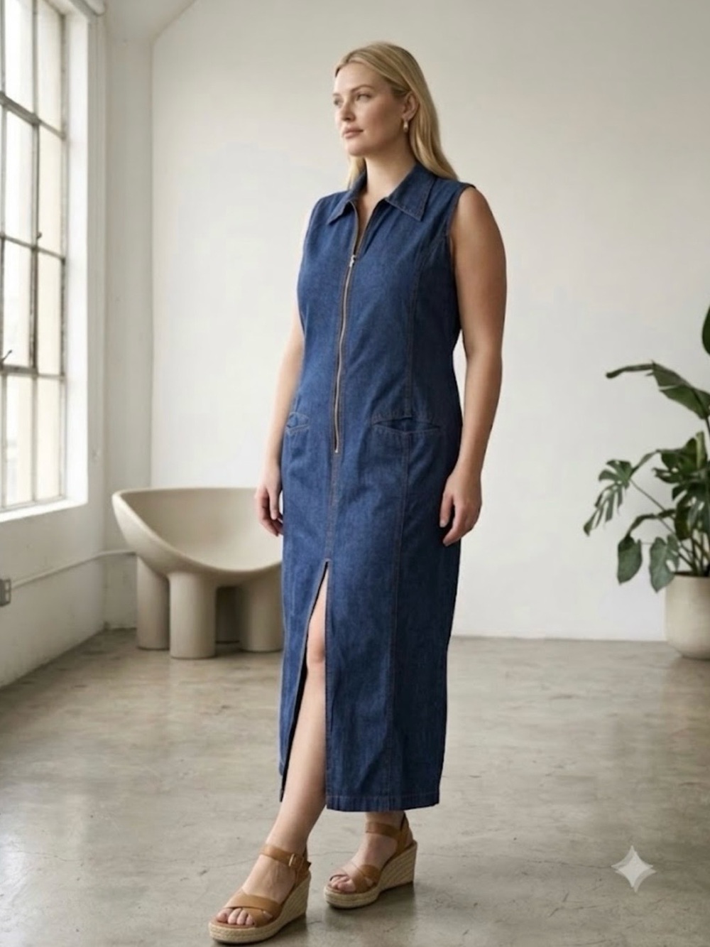 🔴 Sleeveless Zip-Front Denim Maxi Dress - Blue-XL